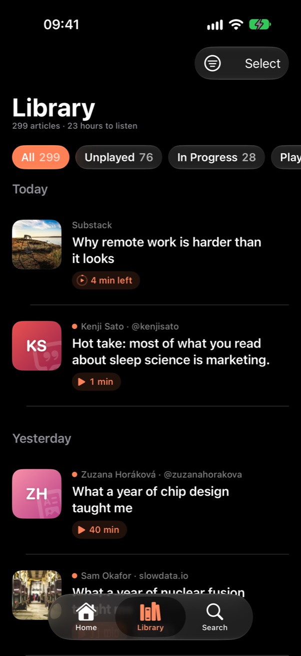 Library: articles by date, with filters for unplayed, in progress and played.