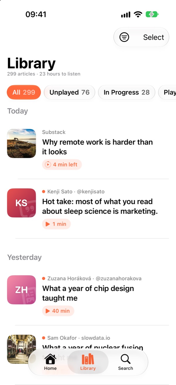 Library: articles by date, with filters for unplayed, in progress and played.