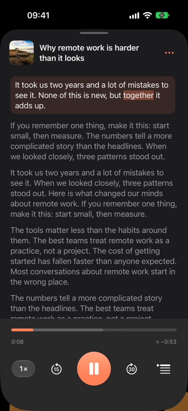 Tuneread reading an article aloud: the current paragraph is tinted and the spoken word is highlighted.