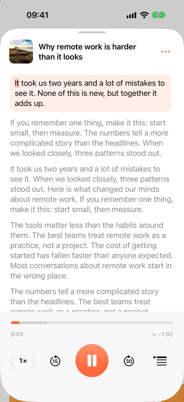 Tuneread reading an article aloud: the current paragraph is tinted and the spoken word is highlighted.