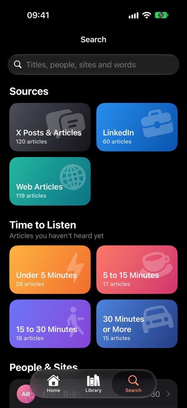 Search: tiles to browse by source and by time to listen.