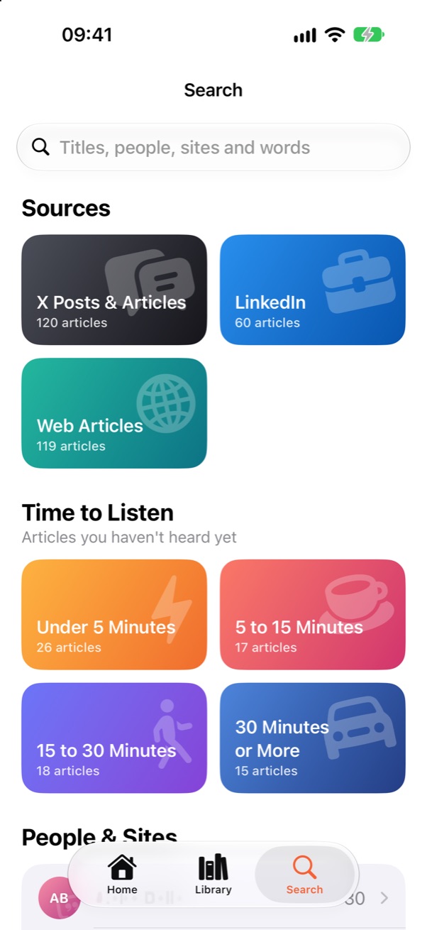Search: tiles to browse by source and by time to listen.